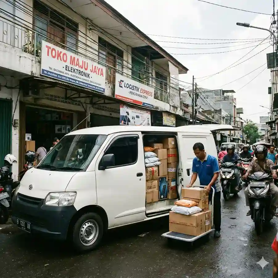 Foto dokumenter sebuah mobil blind van putih yang diparkir di jalan sempit yang padat lalu lintas di Jakarta. Pintu samping mobil terbuka menampilkan tumpukan kardus dan paket, sementara seorang kurir sedang menurunkan barang ke troli di depan deretan ruko yang sibuk.