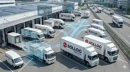 Pemandangan hub logistik modern yang menampilkan armada beragam kendaraan dari layanan mobil box SOLLOG, dilengkapi dengan overlay visualisasi data digital yang menunjukkan analisis muatan, volume kargo, dan perencanaan rute fleksibel.