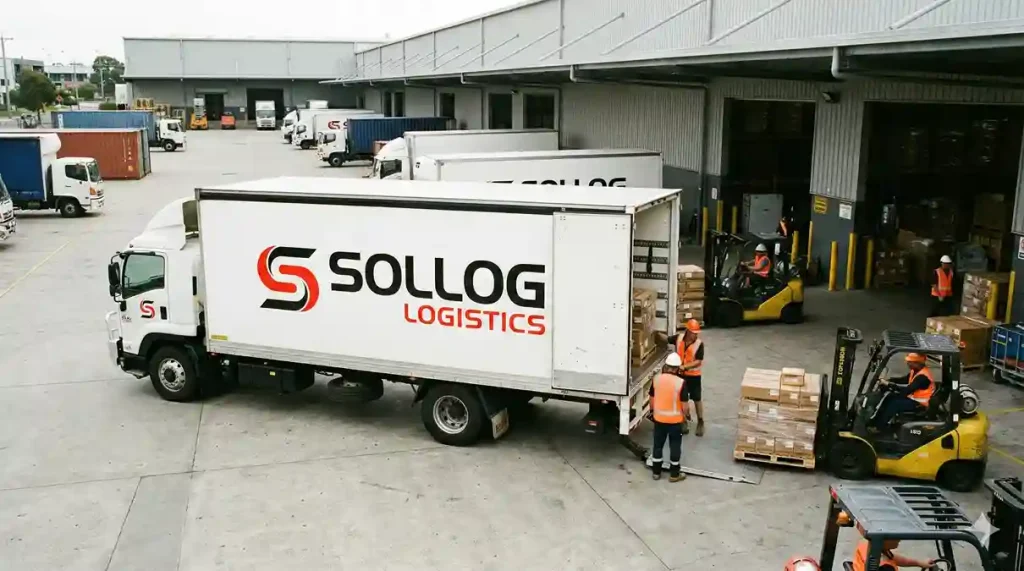 Foto sebuah mobil box logistik modern bermerek SOLLOG yang sedang parkir di dermaga muat gudang yang sibuk, dengan pekerja memuat barang menggunakan forklift.