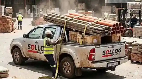 Foto mobil pick-up logistik SOLLOG dengan bak terbuka penuh muatan material bangunan seperti kayu dan pipa besar yang diikat kuat. Seorang pekerja sedang mengencangkan tali pengikat di area depo material yang berdebu.
