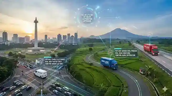 Visualisasi udara sistem pendekatan logistik SOLLOG di Indonesia, menampilkan jaringan data digital holografik yang menghubungkan berbagai armada truk SOLLOG dengan analisis real-time mengenai fungsi, muatan, dan risiko pengiriman.