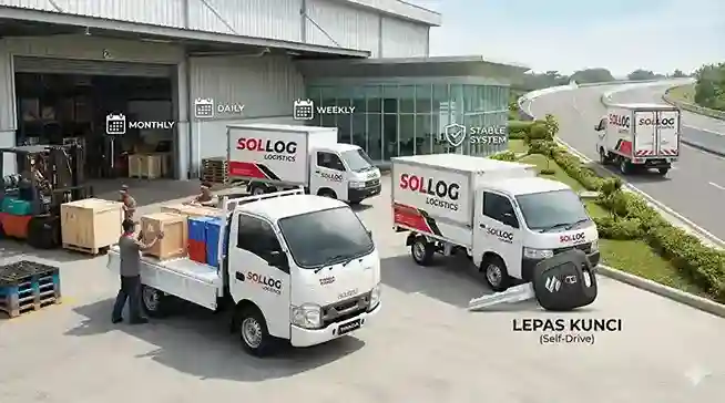 Visualisasi armada layanan sewa pick up SOLLOG Logistics di pusat distribusi modern, menunjukkan berbagai opsi sewa pick up seperti harian, mingguan, bulanan, dan lepas kunci untuk kebutuhan bisnis.