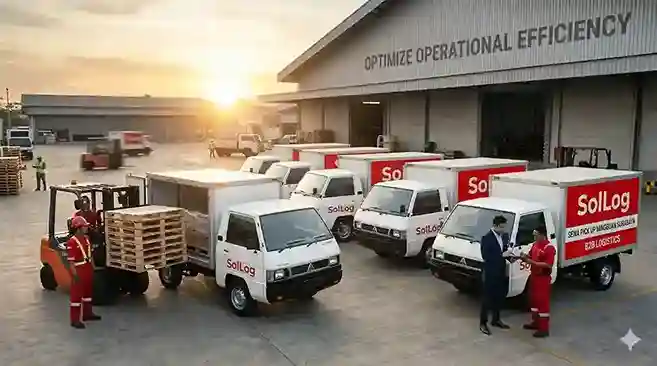 Armada truk sewa pick up mingguan Surabaya dari SolLog berbaris rapi di area gudang logistik B2B yang sibuk saat matahari terbit, siap mendukung rantai pasok industri dengan kontrak fleksibel dan unit terawat.