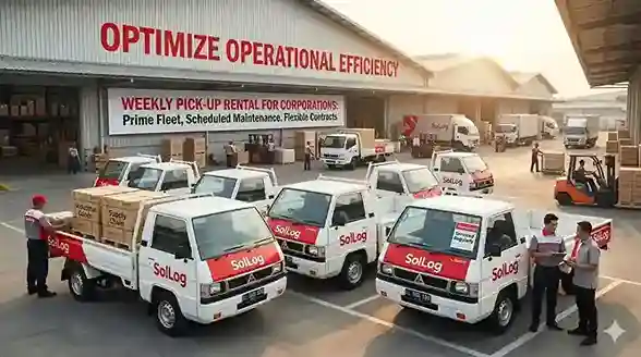 Armada sewa pick up mingguan SolLog siap beroperasi di gudang logistik, menampilkan truk-truk putih bersih dengan branding SolLog merah, mendukung efisiensi operasional rantai pasok industri nasional.