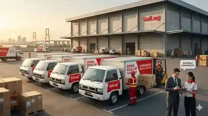 Armada truk sewa pick up tahunan Surabaya dari SolLog berbaris rapi di area gudang logistik B2B yang sibuk saat matahari terbit, siap mendukung operasional distribusi perusahaan dengan kontrak fleksibel dan unit terawat.