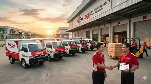 Visualisasi armada SolLog yang prima dan terawat di gudang modern, siap untuk layanan sewa pick up tahunan korporasi B2B dengan branding dominan warna merah.