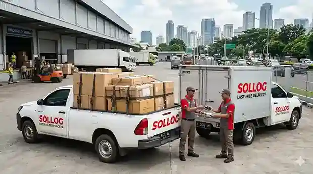 Dua armada sewa pick up harian SOLLOG (tipe bak terbuka dan box tertutup) sedang beroperasi di gudang distribusi untuk pengiriman barang industri dan UMKM.
