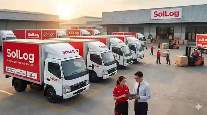 Armada besar SolLog untuk layanan sewa mobil box tahunan berskala enterprise terparkir rapi di area gudang modern saat matahari terbit, menampilkan berbagai tipe truk box putih dengan logo merah yang ikonik untuk mendukung SLA pengiriman perusahaan.