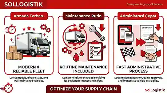 Infografis SolLogistik yang mempromosikan layanan sewa mobil box lepas kunci untuk kebutuhan enterprise, menampilkan tiga pilar utama: armada terbaru dan andal, perawatan rutin terjadwal, serta proses administrasi cepat untuk optimasi rantai pasok.
