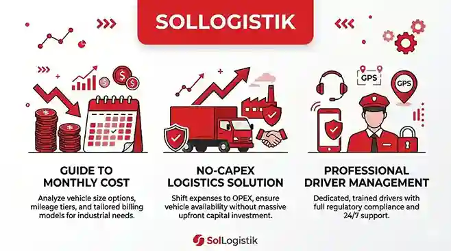 Infografis SolLogistik tentang panduan sewa mobil box bulanan untuk kebutuhan industri, menampilkan analisis biaya, solusi logistik tanpa CAPEX, dan manajemen driver profesional.
