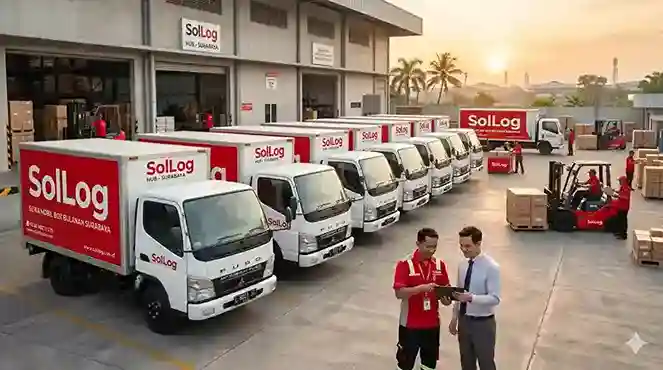Armada SolLog untuk layanan sewa mobil box bulanan Surabaya berbaris rapi di area gudang industri, menampilkan truk box putih dengan logo merah yang ikonik untuk mendukung skalabilitas distribusi bisnis korporasi.