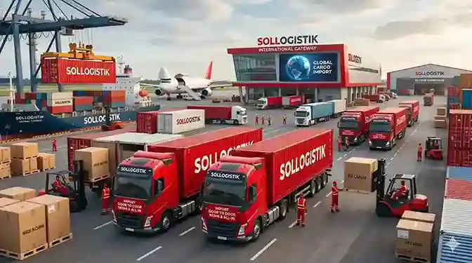 Konvoi truk Sollogistik merah spesialis jasa import door to door resmi sedang memindahkan kontainer kargo internasional di terminal logistik yang sibuk.